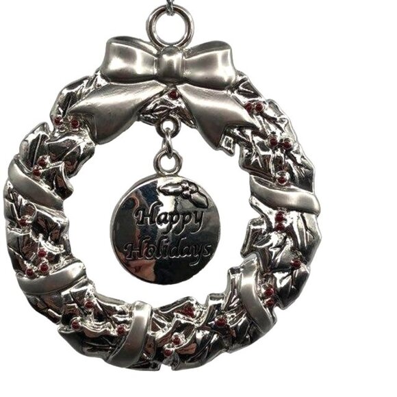 Ganz Pewter Wreath Ornament Engravable Red Stones Happy Holidays New Open Packag - Picture 3 of 11